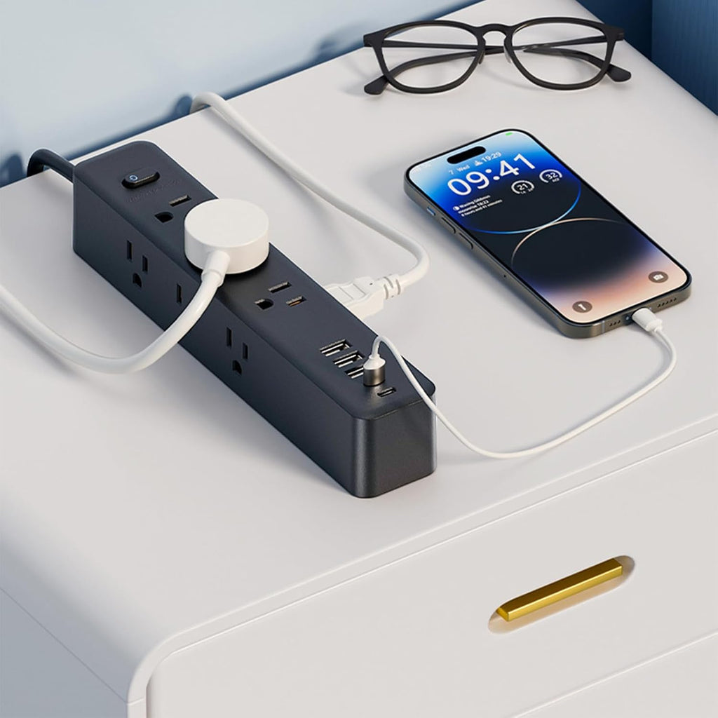 Surge Protector Power Strip，5ft 9 Widely Spaced Outlets, 3 USB A & 2 USB C Ports, Flat Plug Long Extension Cord for Travel Home Office Entertainment, Black