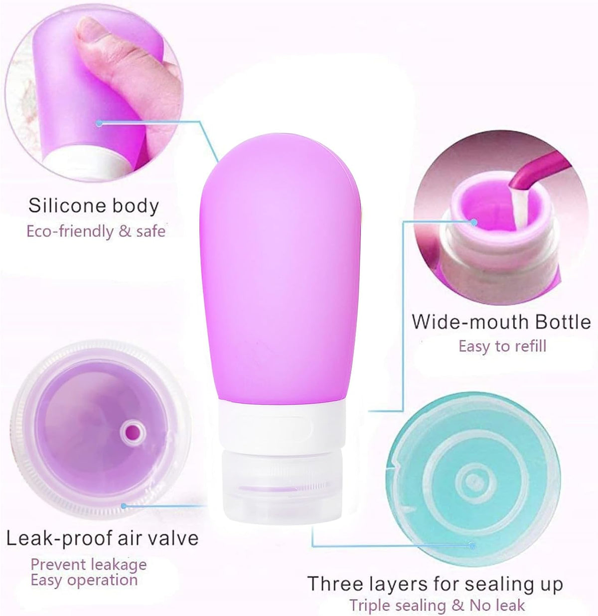 Mziart Travel Bottles for Toiletries, 2.7oz Silicone Travel Size Containers, 3 Pack TSA Approved Leak-Proof Reusable Squeezable Refillable Shampoo and Conditioner Bottles (Pink, Purple, Green)