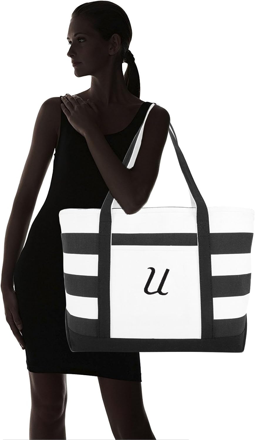 DALIX Striped Beach Bag Tote Bags Canvas Personalized Black Ballent Letter A - Z
