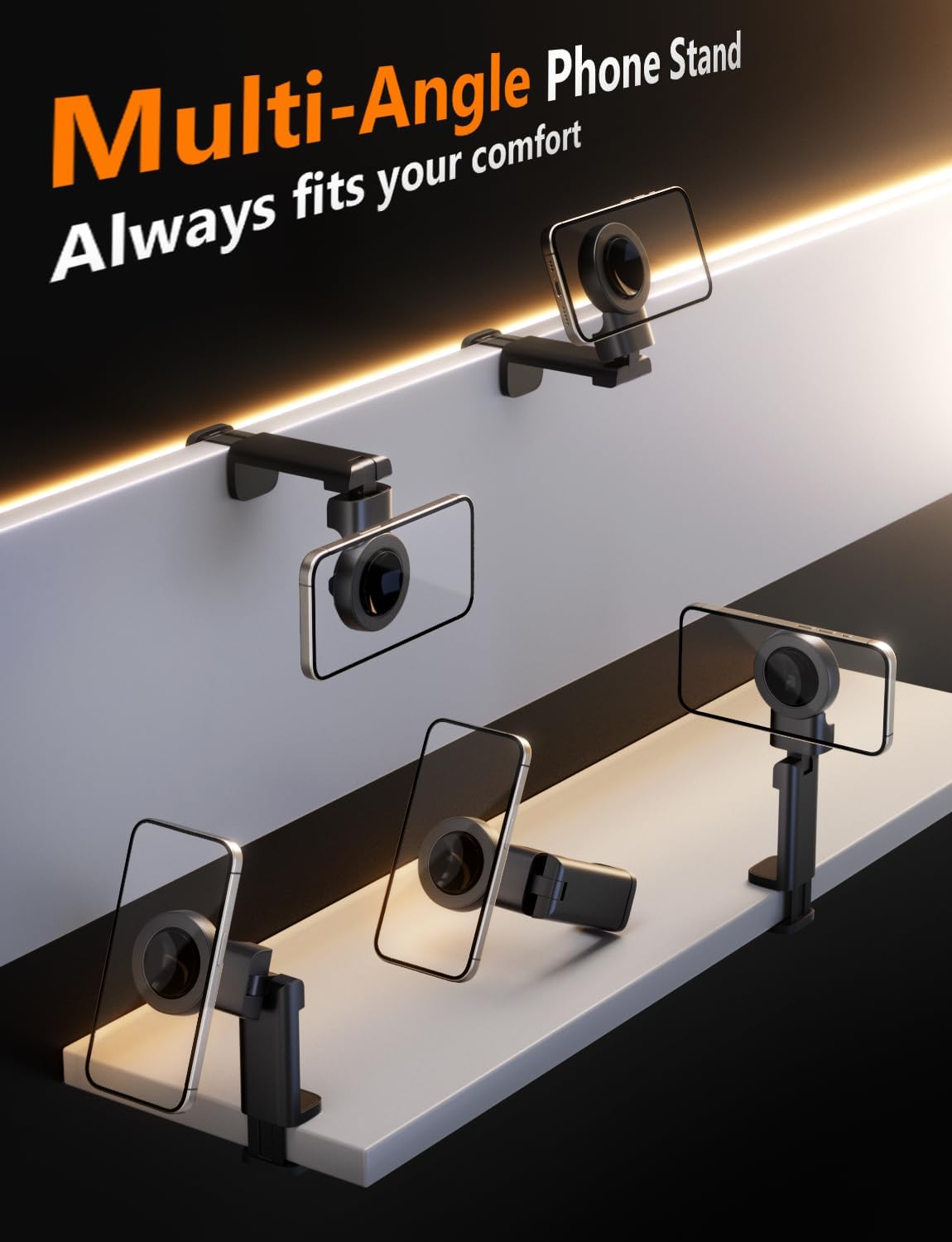Klearlook 4 in 1 Adjustable Phone Stand - MagSafe Compatible, 360° Rotation Handsfree Flight Phone Holder, Foldable Travel/Office Accessory - Magnetic Black