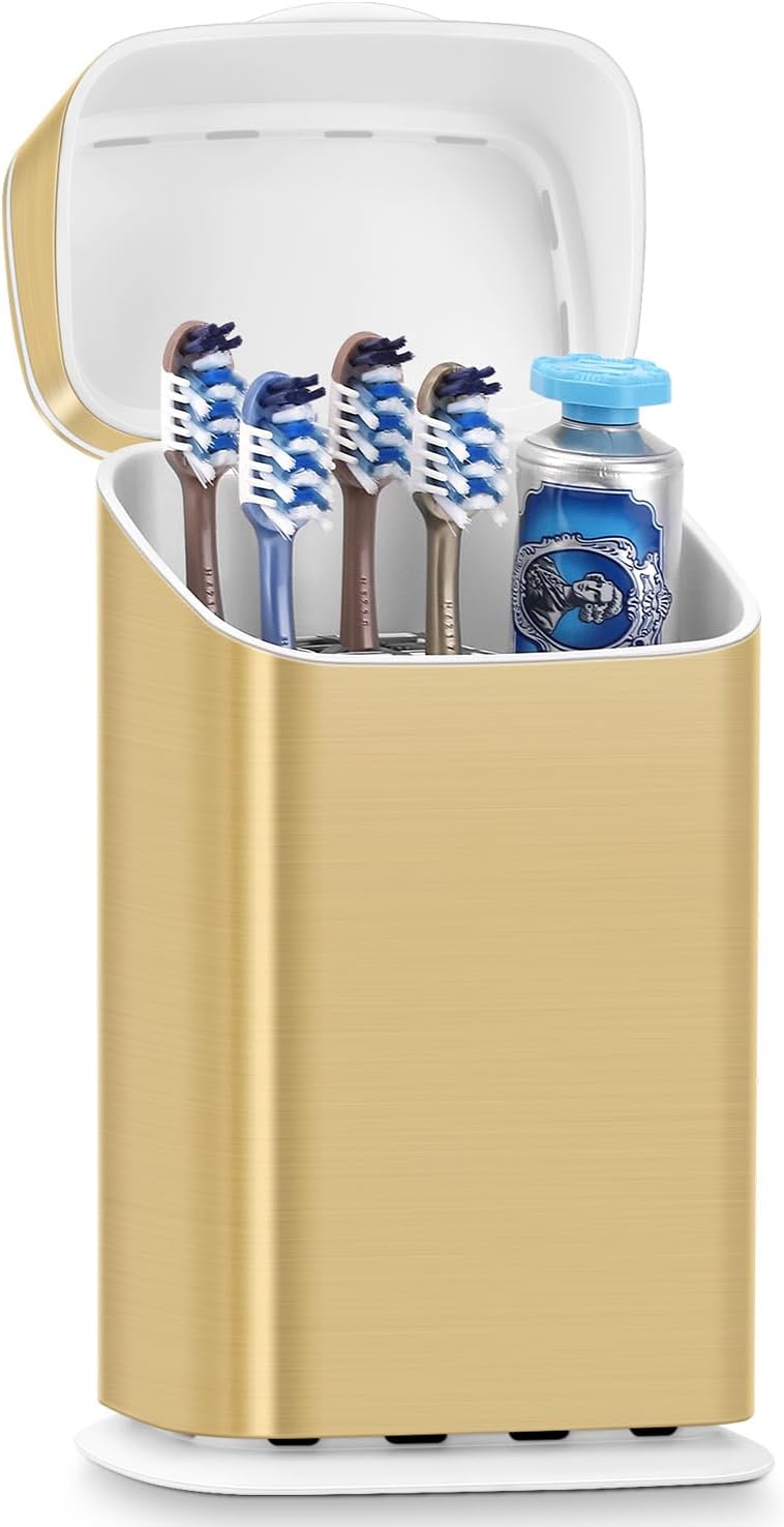 GFWARE Gold Bathroom Toothbrush Holder with Cover, Ventilated & Drainage