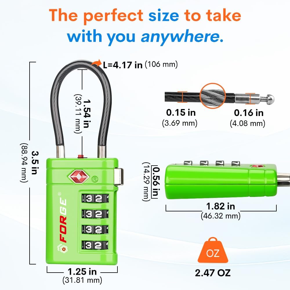 Forge Open Alert TSA Approved Luggage Locks, TSA Travel Locks, Advance Core, Zinc Alloy Body. 4 Color Locks.