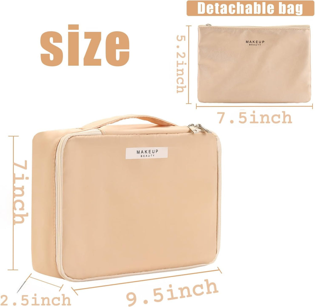 Queboom Travel Makeup Bag Cosmetic Bag Toiletry Bag for Women & Men, Beige