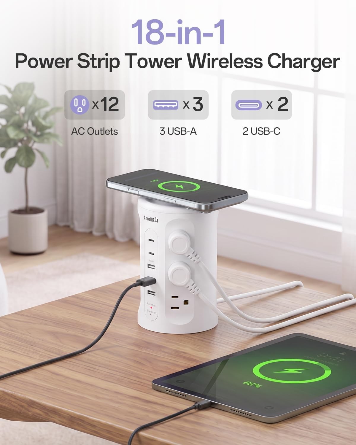 Power Strip with USB Ports,Extension Cord with Multiple Outlets (12AC+3A+2C), 6.5 FT Desk White Power Strip Tower Charging Station for Home, Office, College Dorm Essentials