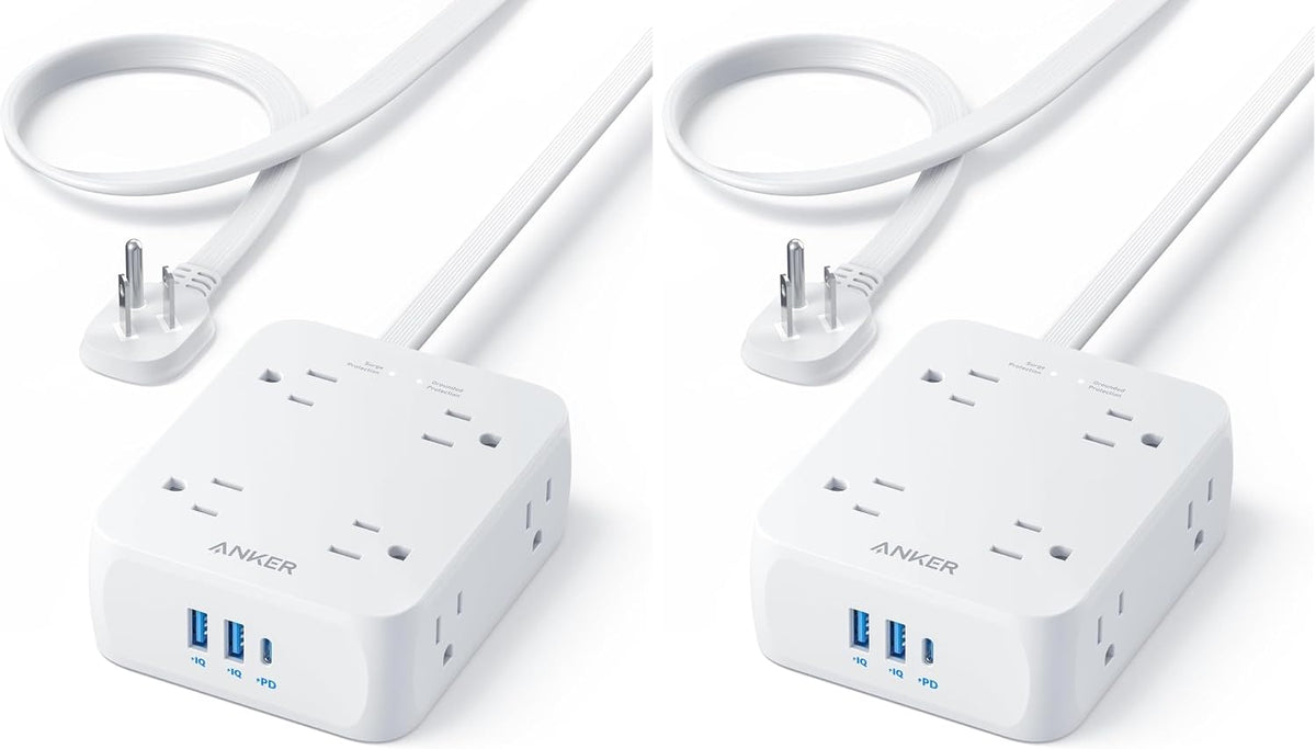 Anker Surge Protector Flat Plug Power Strip 2000J, 5ft Thin Extension Cord, 8 Outlets,2 USB A and 1 USB C Port,20W for iPhone15,Wall Mount,Compact for Home,Office,Room,TUV Listed (Pack of 2)