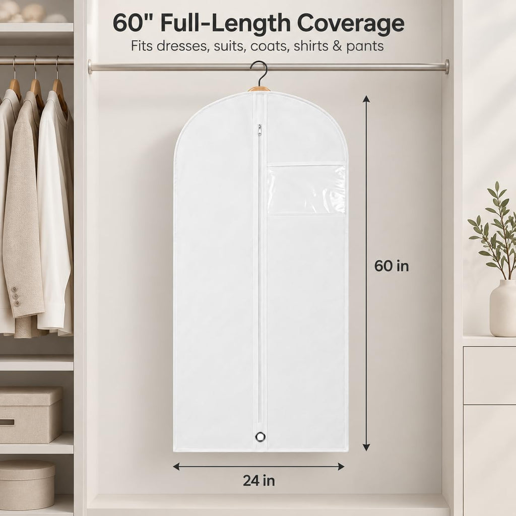 LPack 60" Garment Bag for Hanging Clothes, Dresses, Suits & Coats, Breathable Garment Cover for Closet Storage, White, 1 Pack