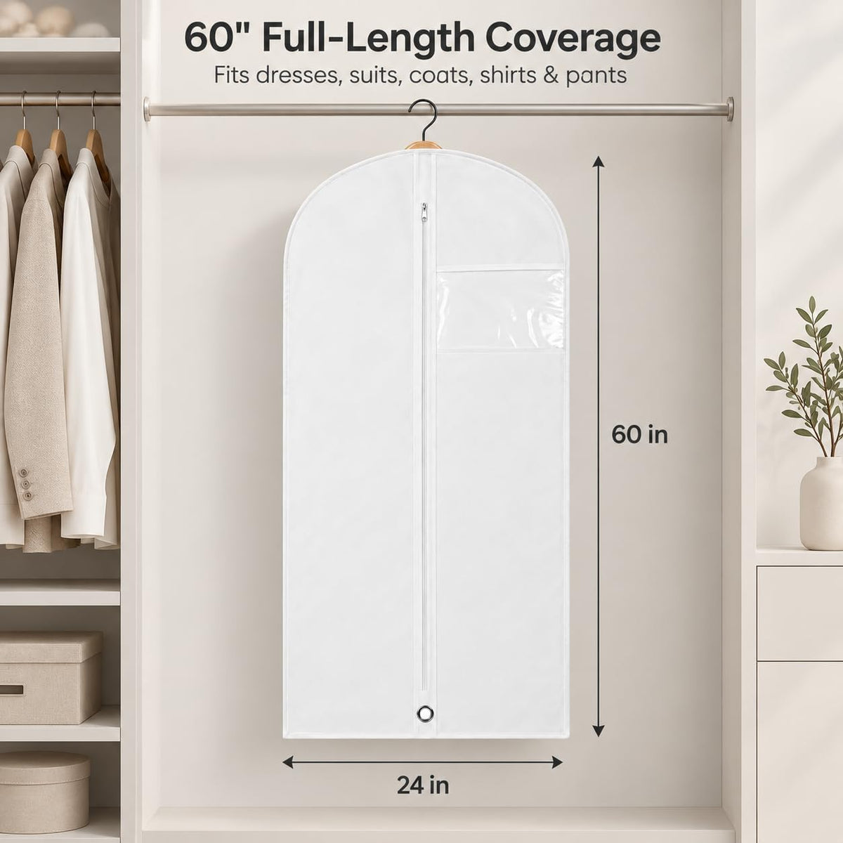 LPack 60" Garment Bag for Hanging Clothes, Dresses, Suits & Coats, Breathable Garment Cover for Closet Storage, White, 1 Pack