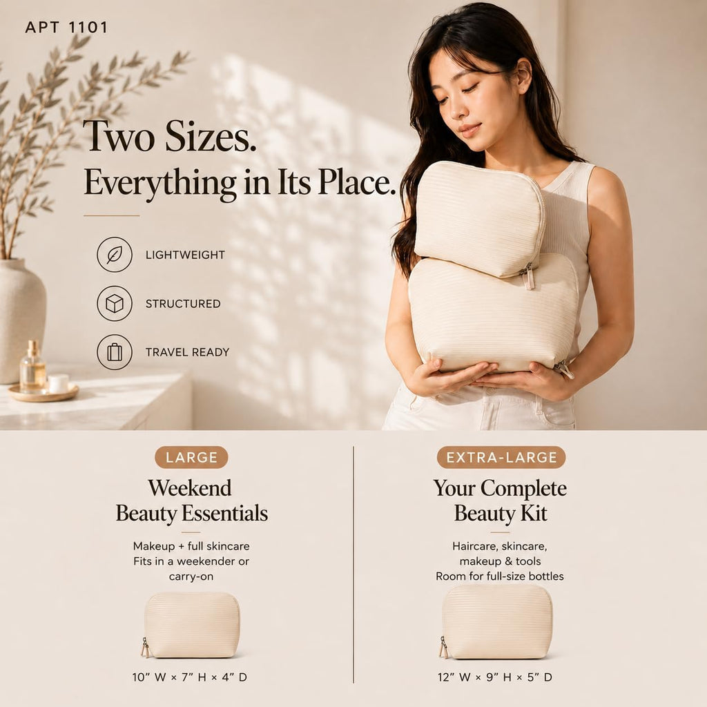 APT 1101 Standing Foldable Makeup Bag for Travel, Vertical Folding Down Design, Organized Cosmetic & Skincare Bag