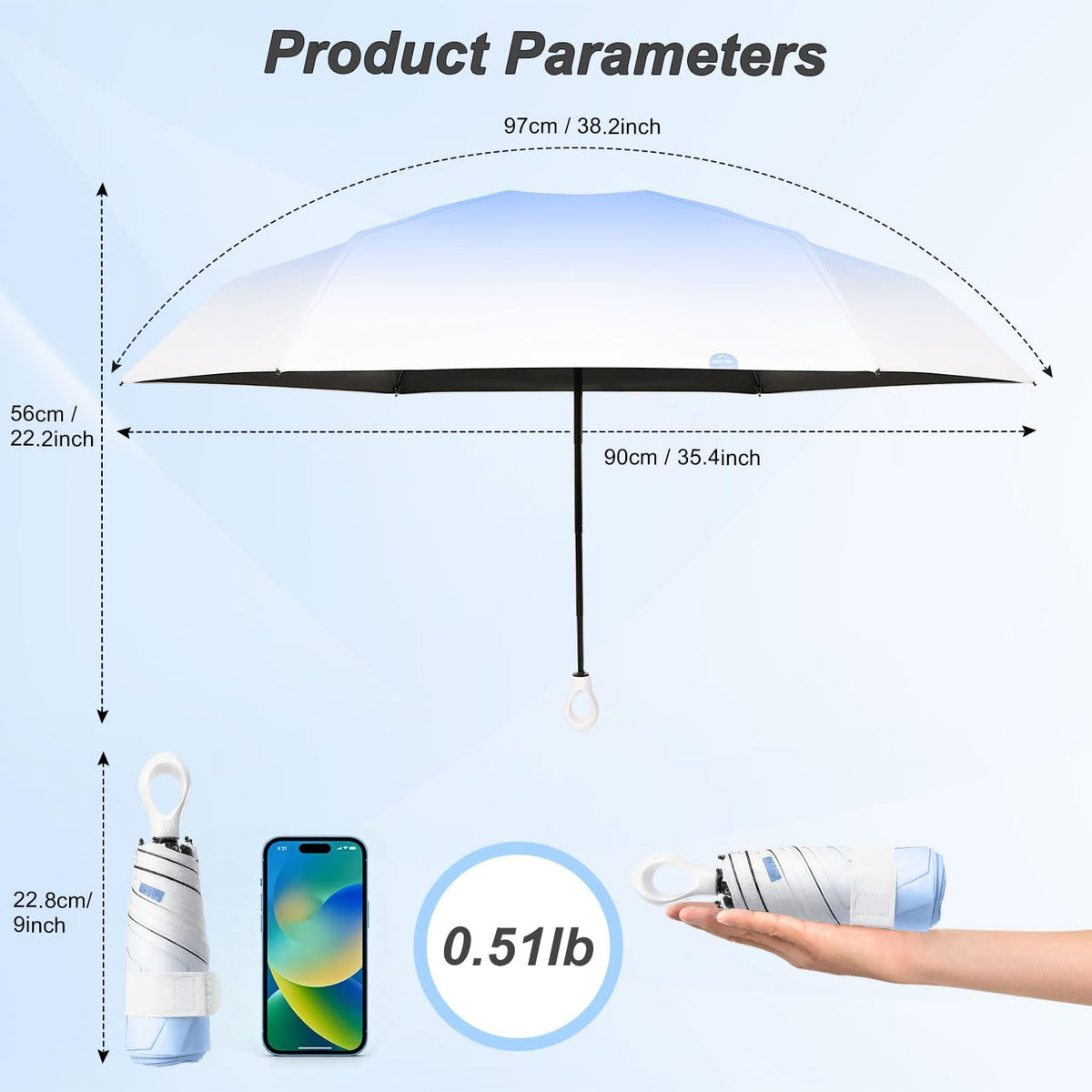 Gradient UV Umbrella UPF 50+, Mini Sun Parasol Foldable Compact Travel Size