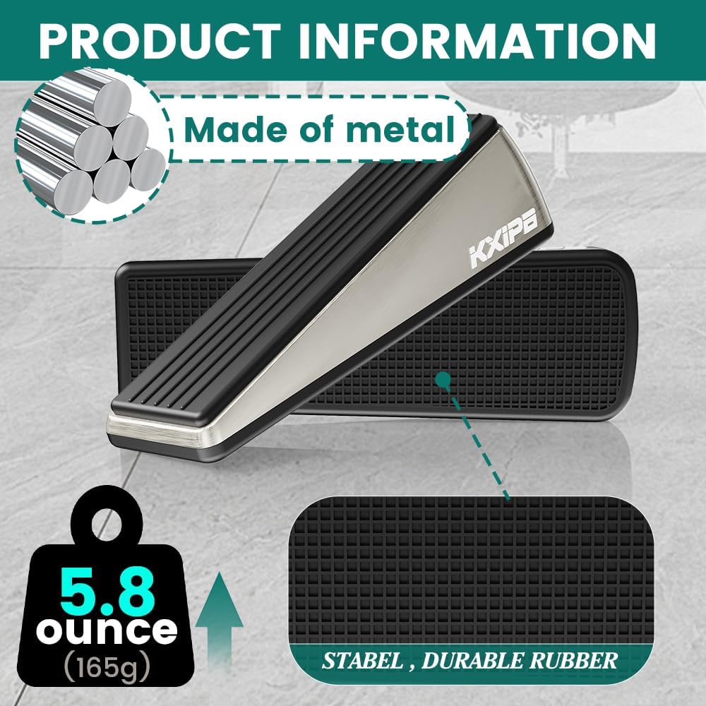 1 Pack Rubber Door Stopper Wedge - Heavy Duty Door Stoppers Stop Wedge Made of Premium Quality Brushed Stainless Steel, Wall Protector for Home & School with Self Adhesive Holder Satin Nickel