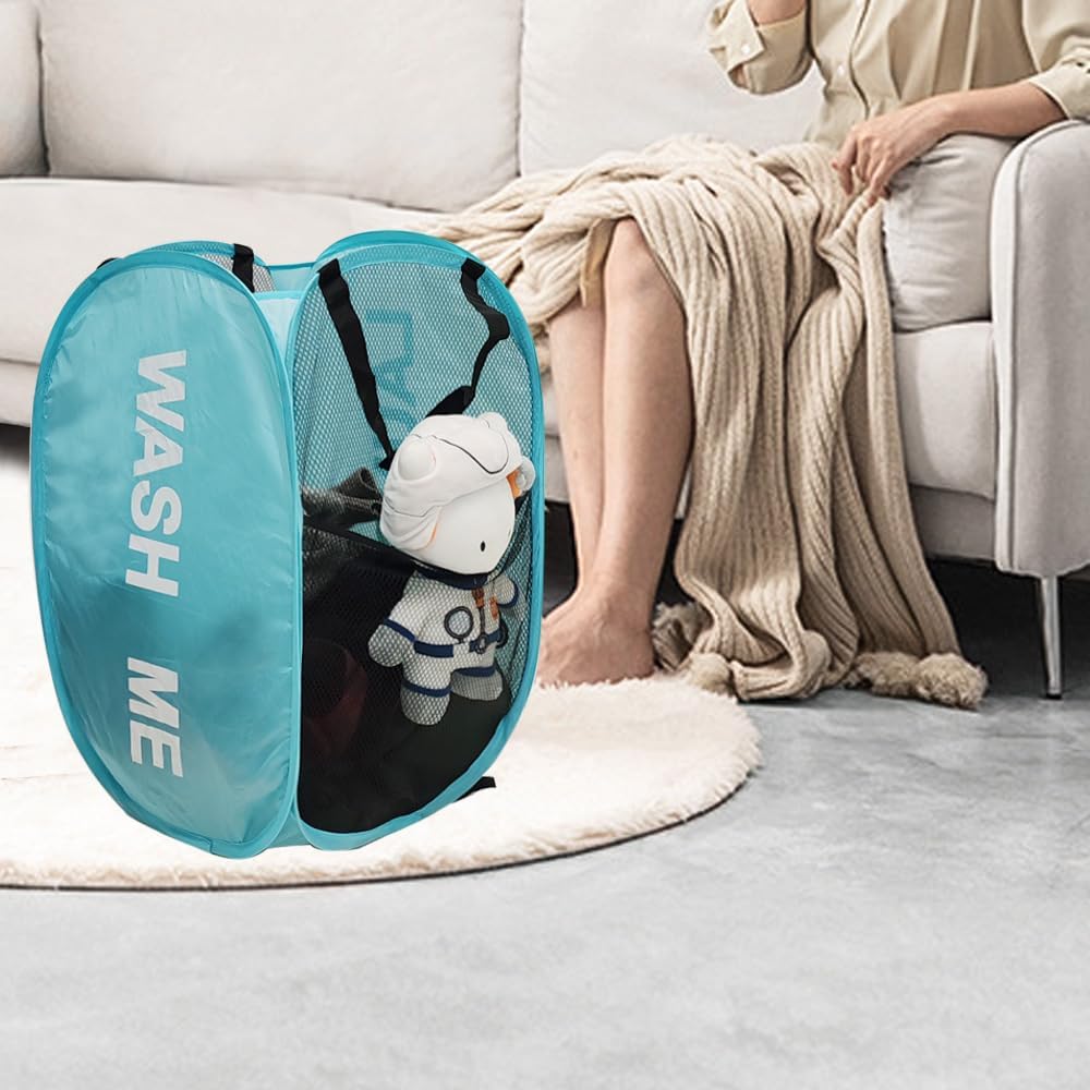 2Pack Mesh Pop Up Laundry Hamper, Foldable Laundry Basket with Side Pocket for Bedroom, Laundry Room, Travel, Cruise (Black+Blue)