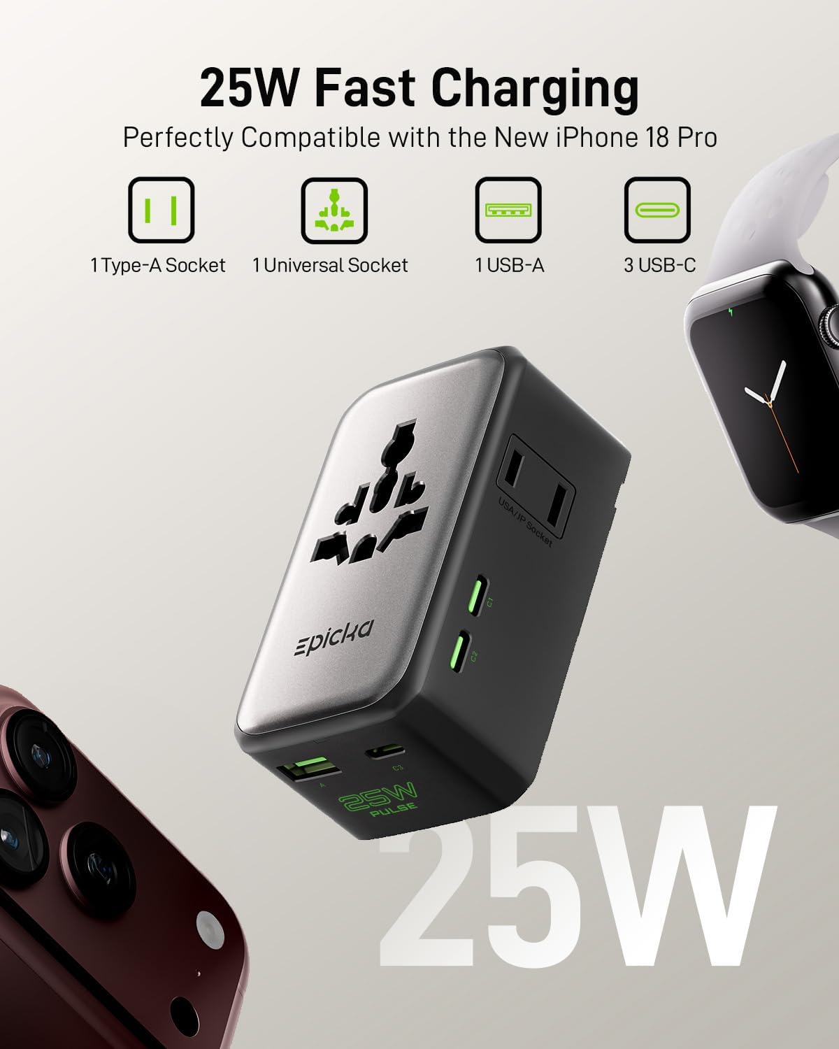 EPICKA Pulse Air 25W Universal Travel Adapter PD with 2AC/3USB-C/1USB-A