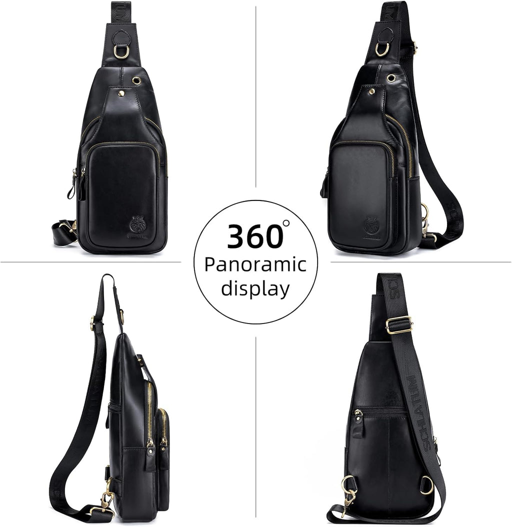 Mens Sling Bag Genuine Leather Crossbody Bags for Men Small Sling Chest Backpack Casual Man Bag Hiking Outdoor, Black