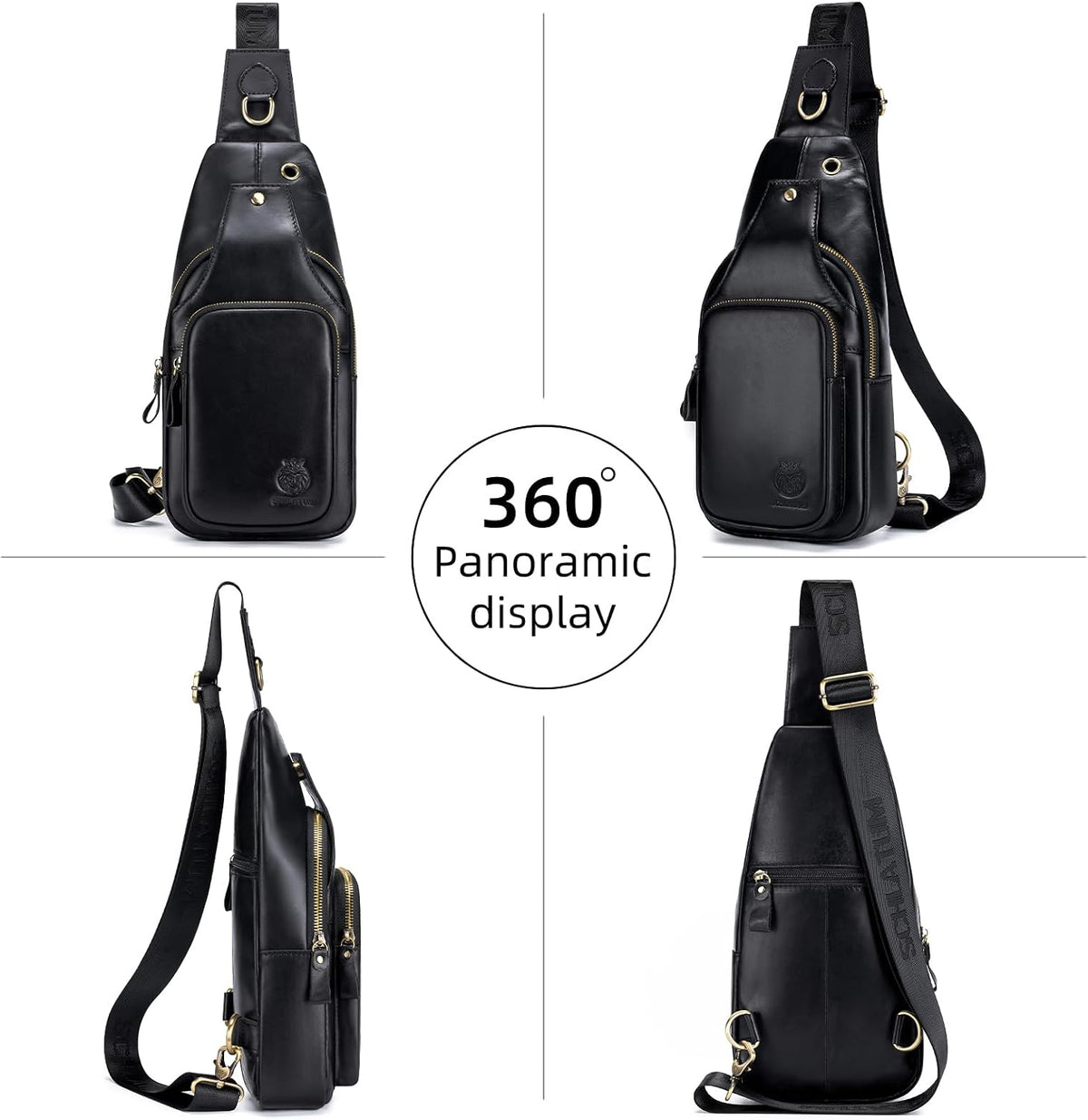 Mens Sling Bag Genuine Leather Crossbody Bags for Men Small Sling Chest Backpack Casual Man Bag Hiking Outdoor, Black
