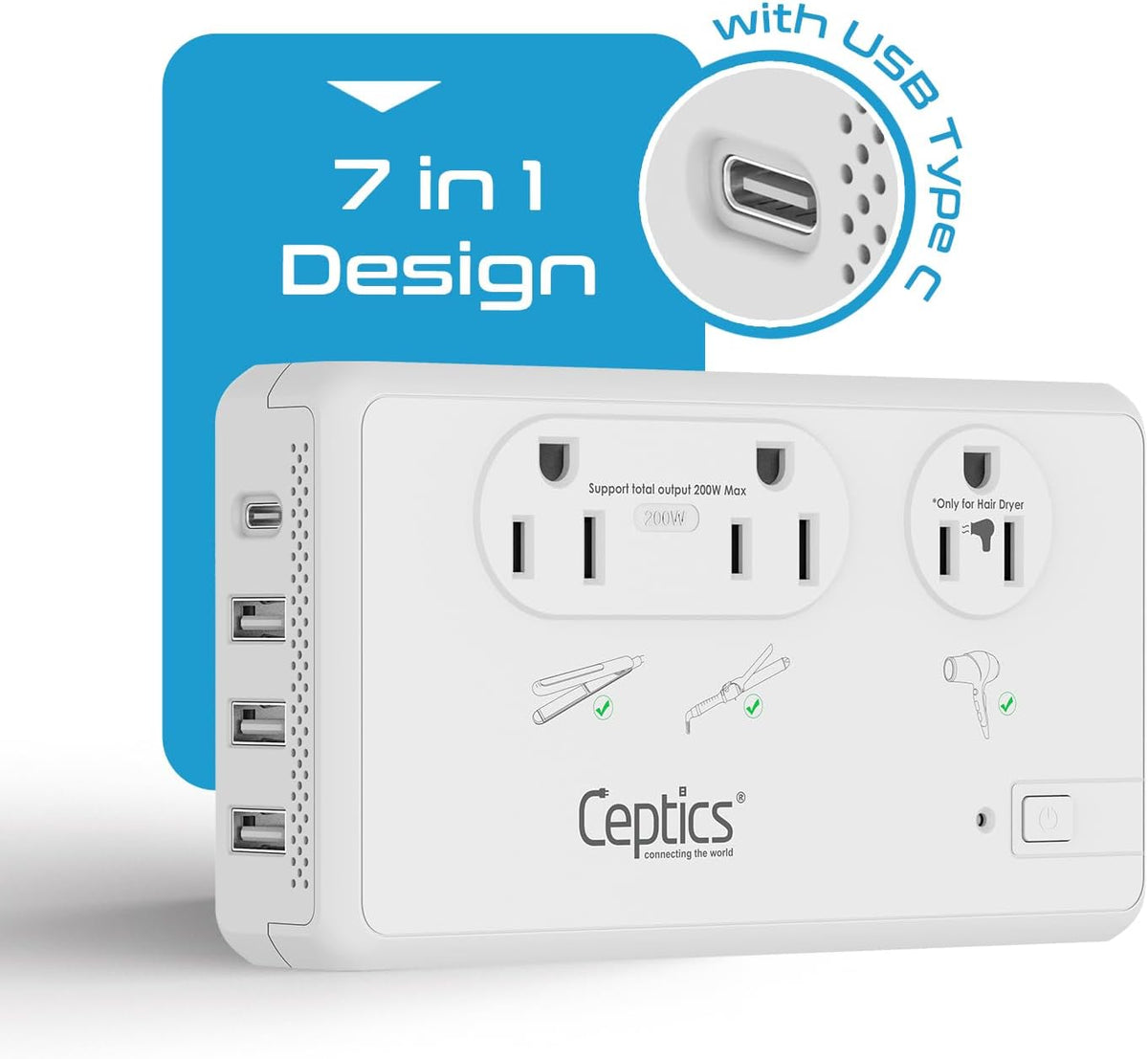 Ceptics 200W+2000W Voltage Converter, 3 USB-A + 1 USB-C, 6 SWadAPt Plugs