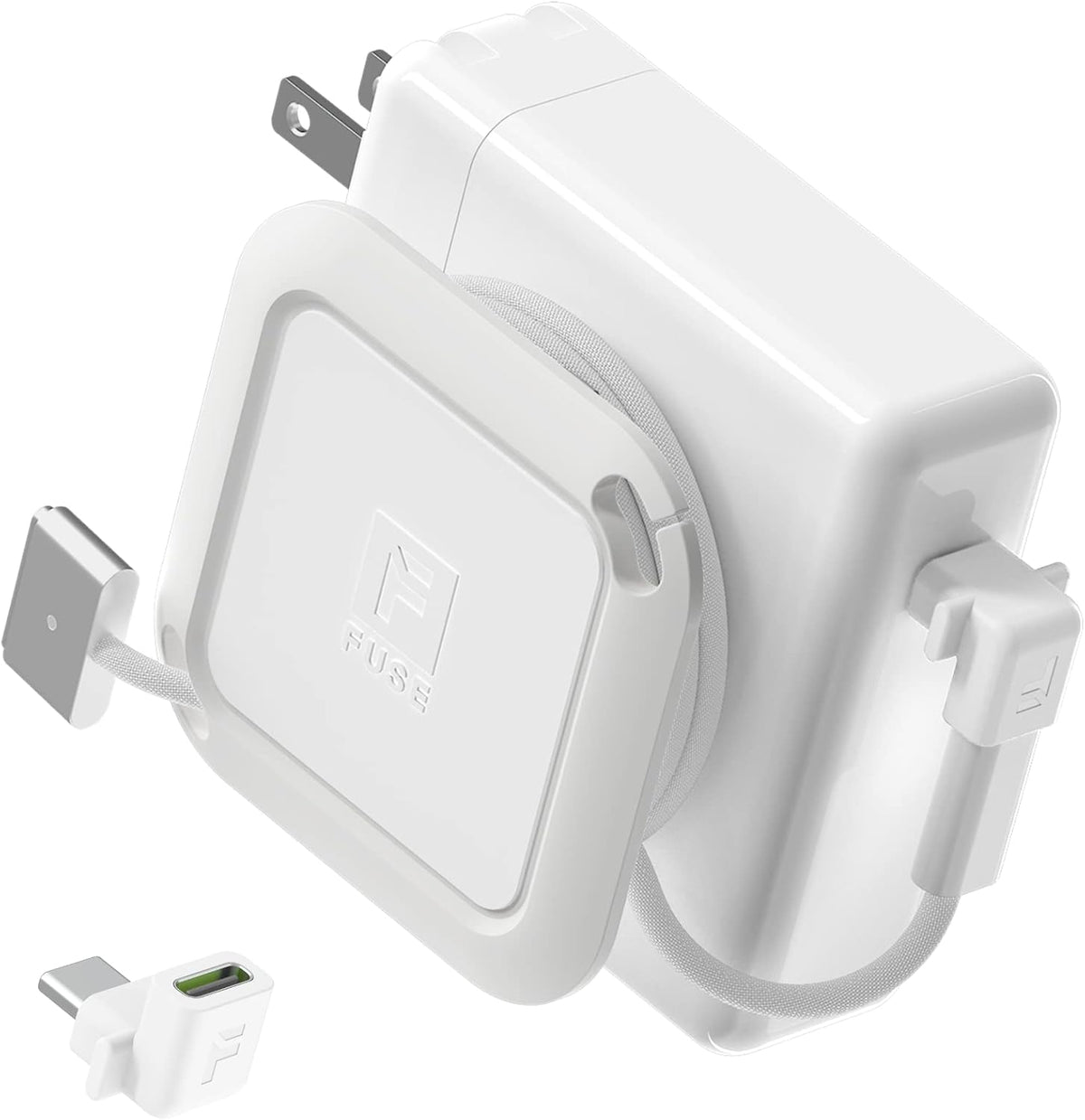 Fuse Reel The Side Kick Collapsible Charger Organizer With USB-C Right Angle Adapter Compatible with MacBook and PC charging cords and adapter cable management best computer winder (White w/Adapter)