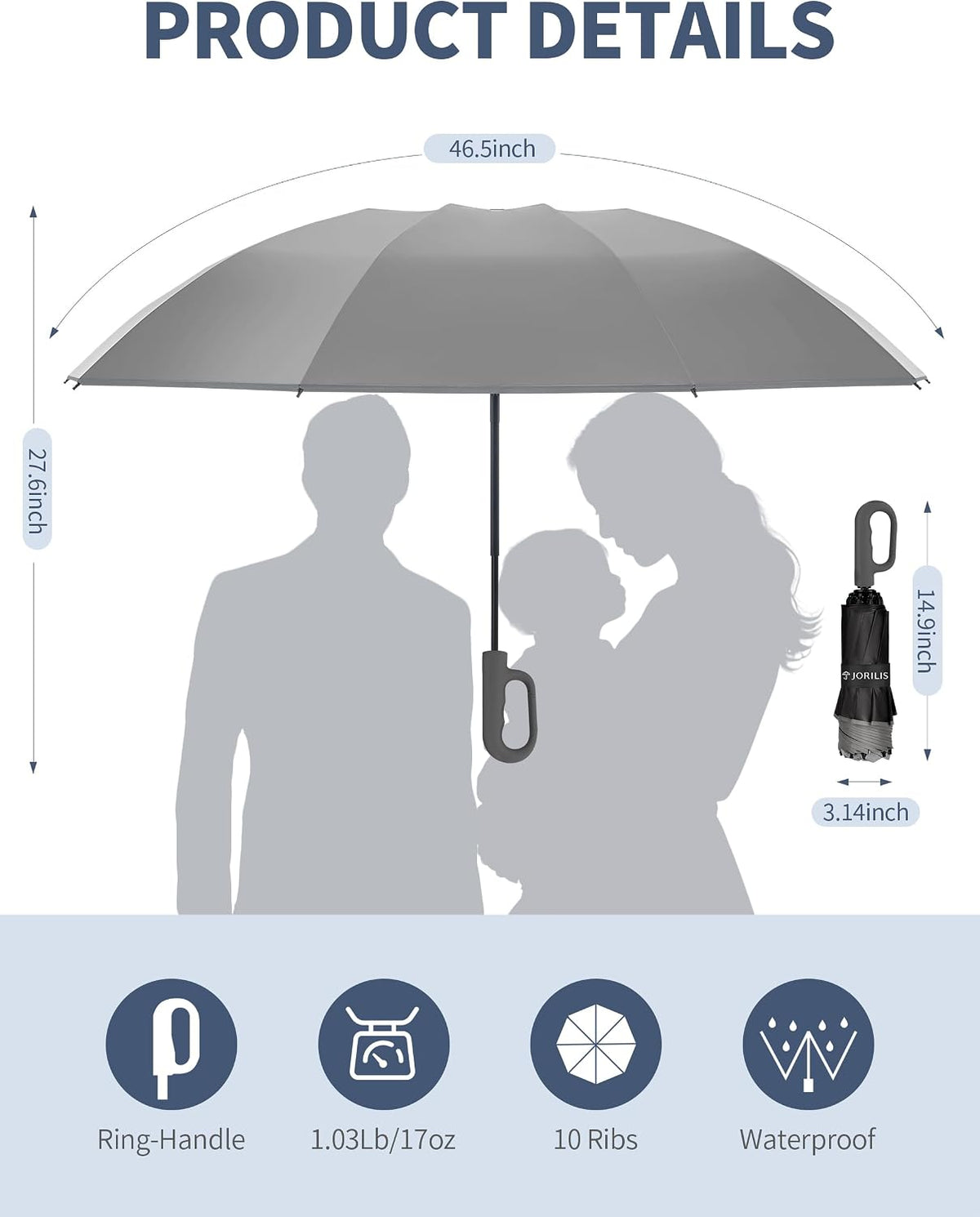 Jorilis Inverted Umbrella with Carabiner Handle, Windproof UV Sun & Rain