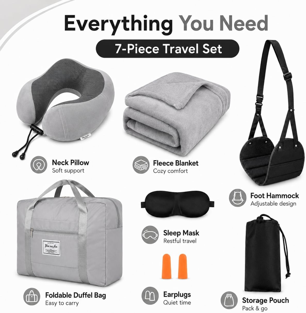 Travel Pillow and Blanket Set - Foot Hammock Rest Airplane Essentials, Grey