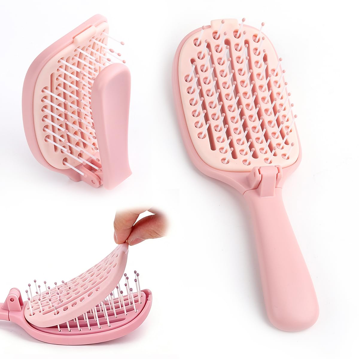 Self‑Cleaning Hair Brush, Curved Vented Detangler, Foldable Travel Pink