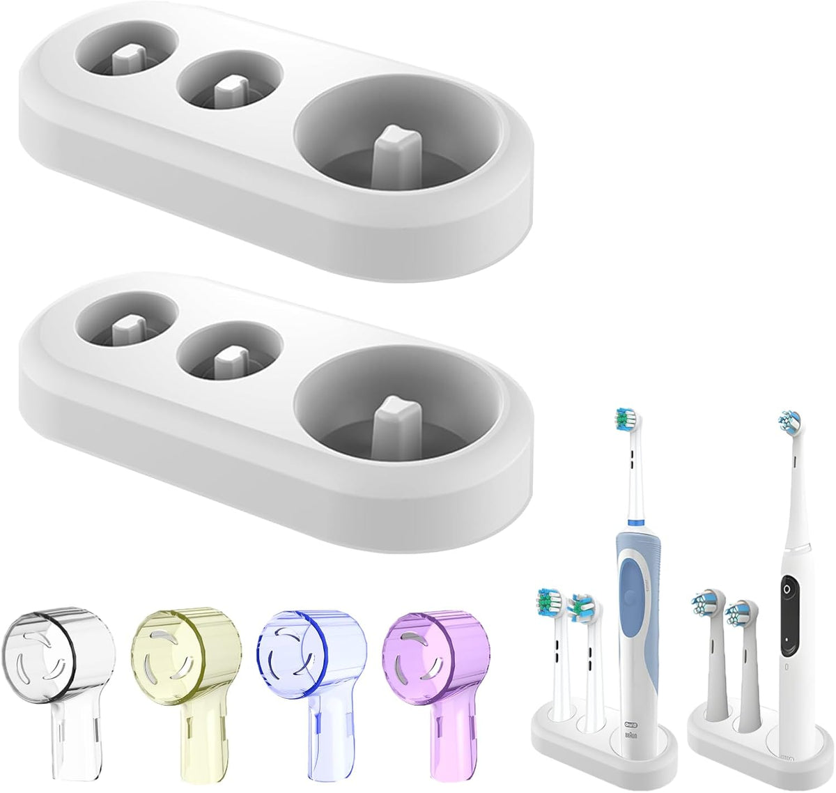 Toothbrush Holder for Oral-B, 2 Pcs Replacement Stand Base Compatible with Oral B Electric Toothbrush and 4 Pcs Toothbrush Heads Cover,Toothbrush Organizer for Bathroom Storage (White)