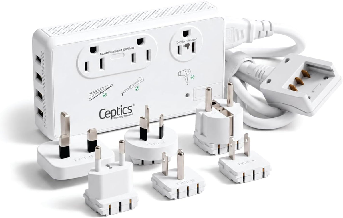 Ceptics 200W+2000W Voltage Converter, 3 USB-A + 1 USB-C, 6 SWadAPt Plugs