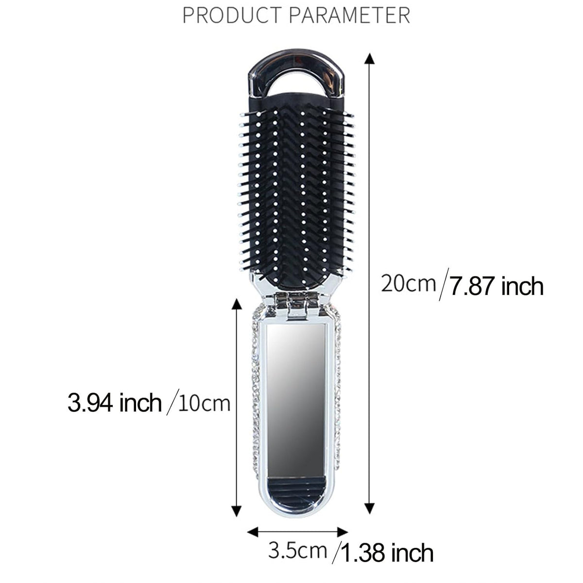 1 Pack Rhinestone Pocket Hair Brush with Mirror Keychain Bling Travel Folding Combs Sparkle Portable Collapsible Compact Comb for Women Silver