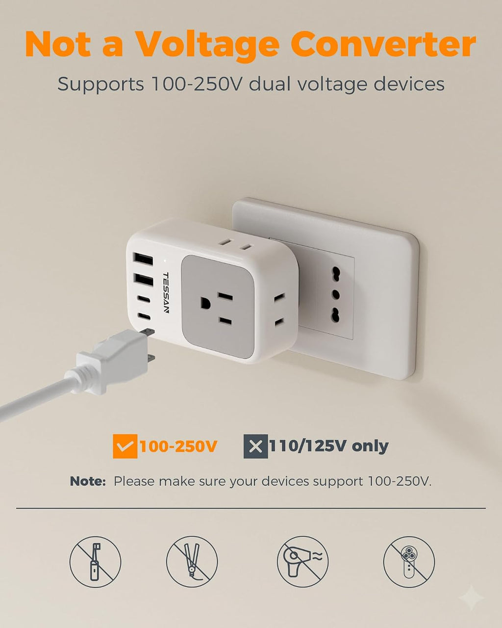 TESSAN Italy Travel Plug Adapter 28W, Italy Power Adapter, 2 Packs