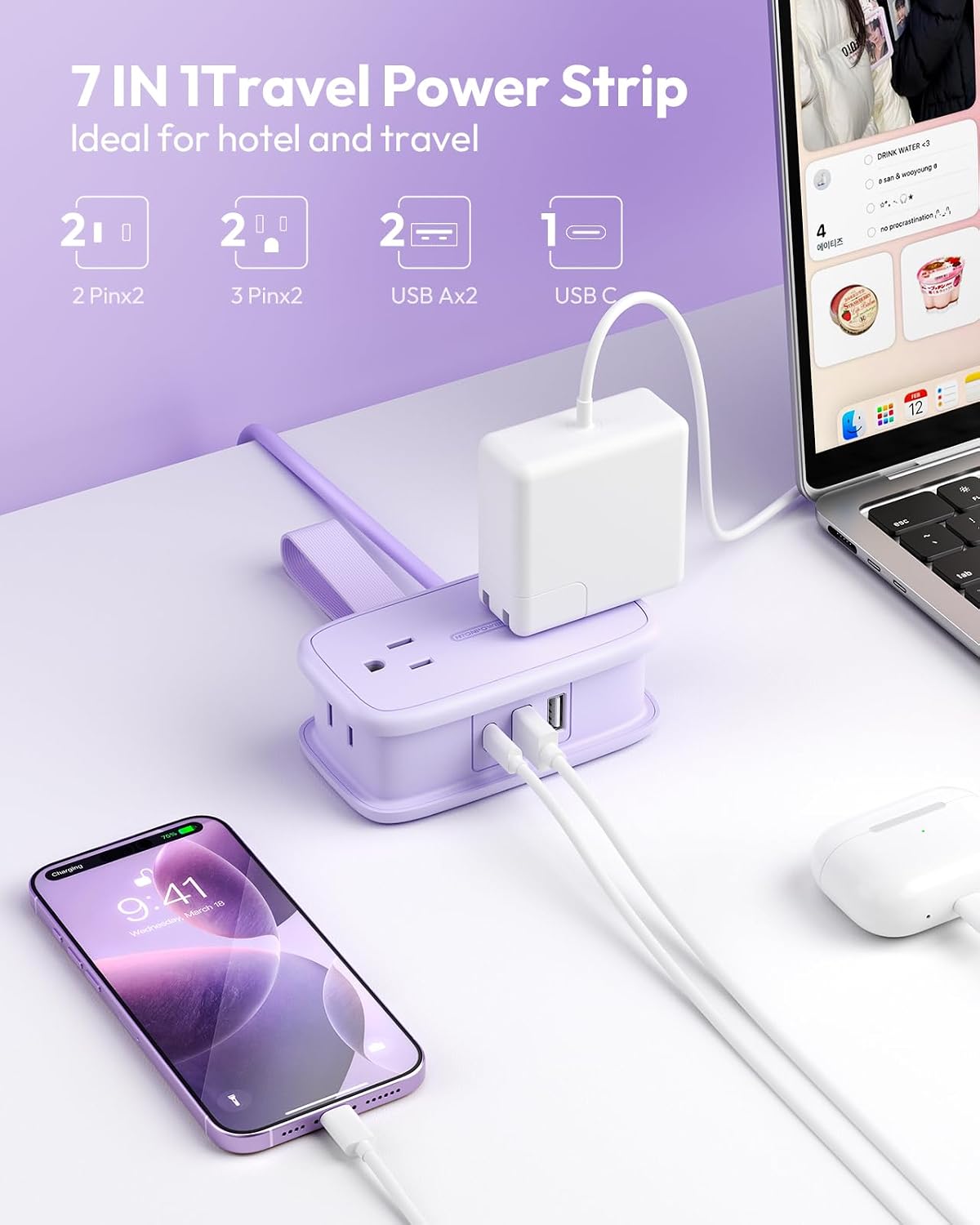 NTONPOWER Purple Travel Power Strip,Travel Essentials 4 Outlets 3 USB(1 C) with 4FT Wrapped Extension Cord Flat Plug, Cruise Essentials 2026 for Hotel Travel Cruise Essentials (Pack of 2)