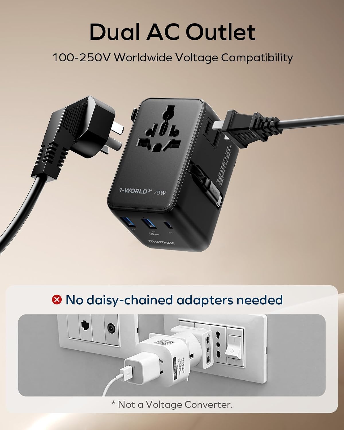 MOMAX 70W Universal Travel Adapter All-in-1 Plug Adapter with USB-C Cable
