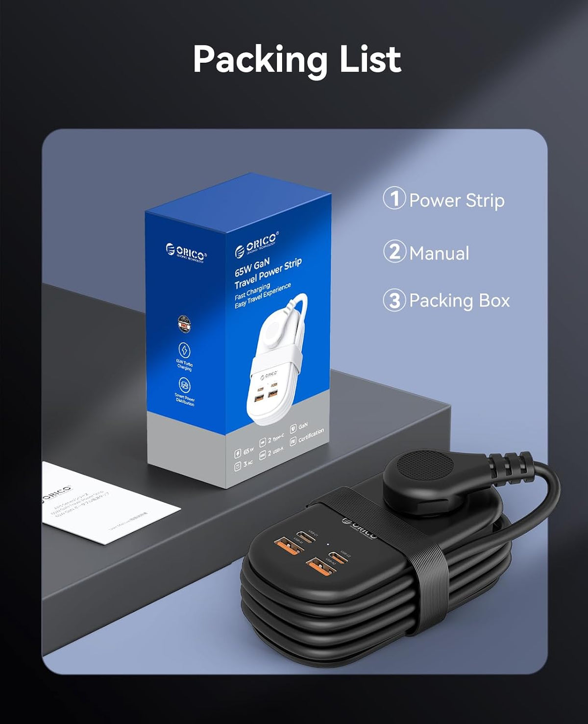 ORICO 65W GaN Travel Power Strip with 3 Outlets & 4 USB Ports (2 USB C)