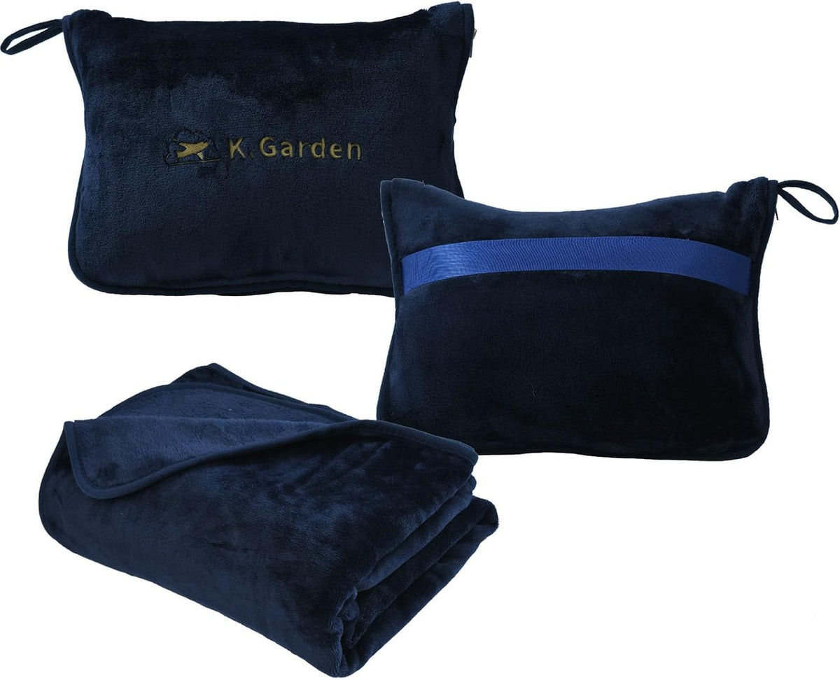 Travel Blanket Airplane Compact with Bag Soft 2 in 1 Travel Pillow and Blanket Set Car Pillow Travelers Gifts Accessories Compact Pack Blanket for Any Travel with Luggage Backpack Strap,Dark Blue
