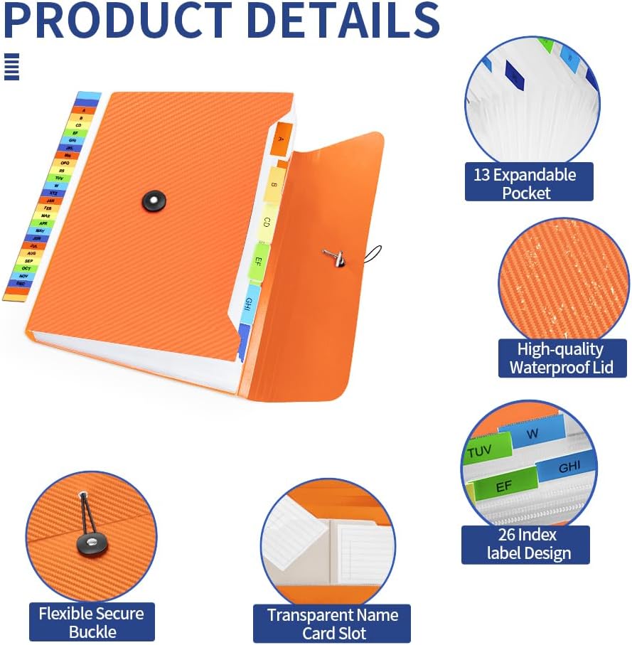 Expanding File Folder, 13 Pockets Accordian File Holder Organizer, A4 Letter Size Paper Document Receipt Organizer Accordion Filing Folder for Classroom, Home, Office and Travel, Orange
