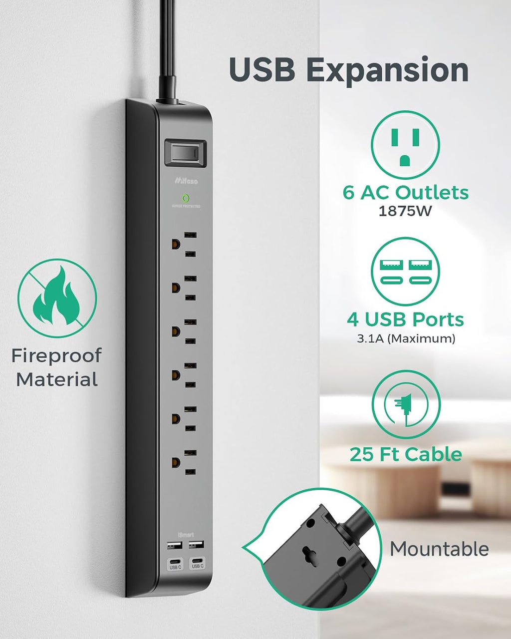 2 Pack Power Strips Surge Protector, 25FT Flat Extension Cord, Flat Plug