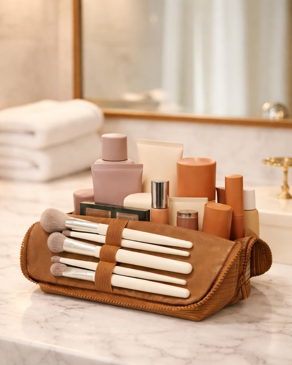 APT 1101 Standing Foldable Makeup Bag for Travel, Vertical Folding Down Design, Organized Cosmetic & Skincare Bag