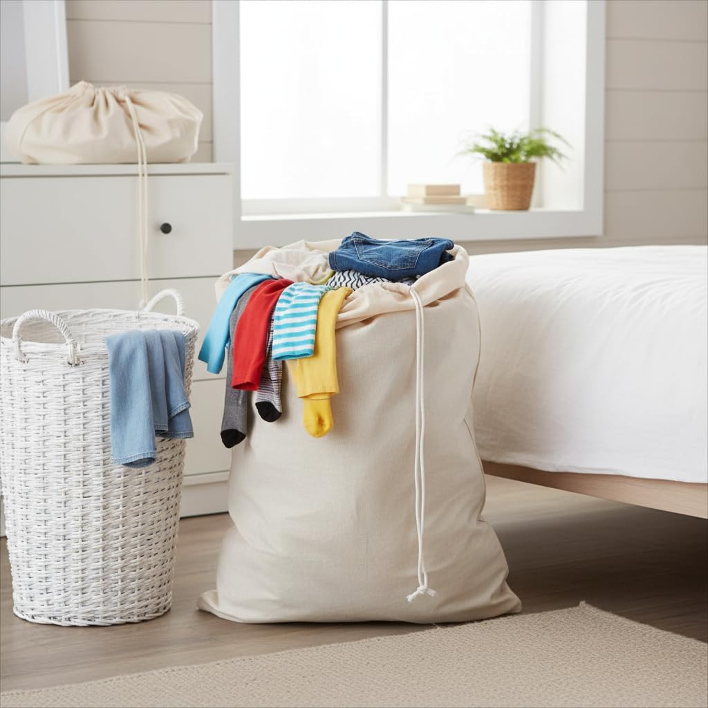 Simple Houseware Extra Large Natural Cotton Laundry Bag (28" x 36"), 2 Pack