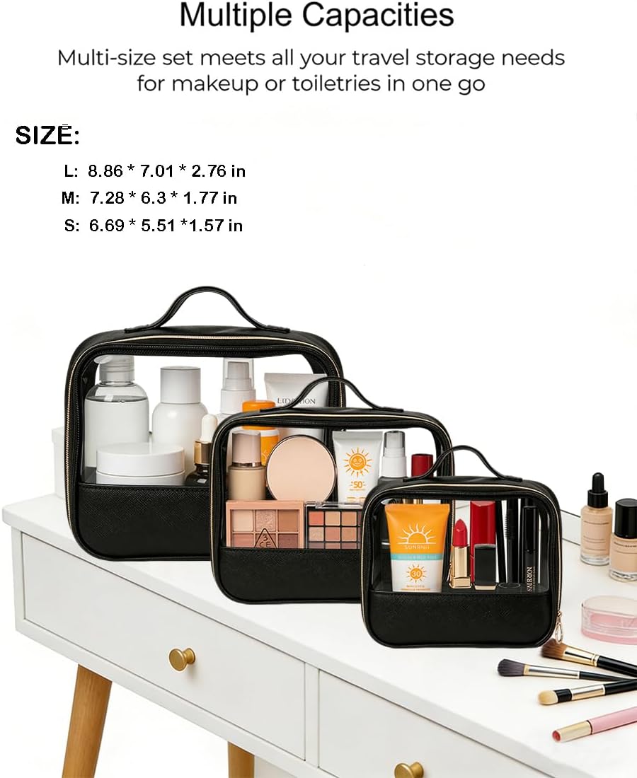 Clear Makeup Bags with Zipper, 3 Pack Clear Cosmetic Bag Set Makeup Organizer TSA Approved Travel Toiletry Bag for Carry-on & Checked Luggage Water Resistant Car Storage Organizer Women