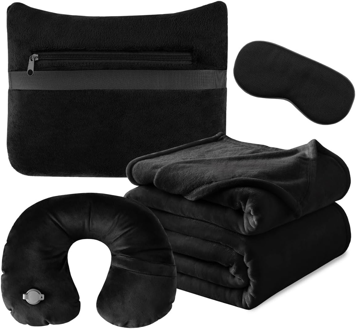 KAWAHOME Travel Blanket Airplane Compact Set with Neck Pillow, Eye Mask