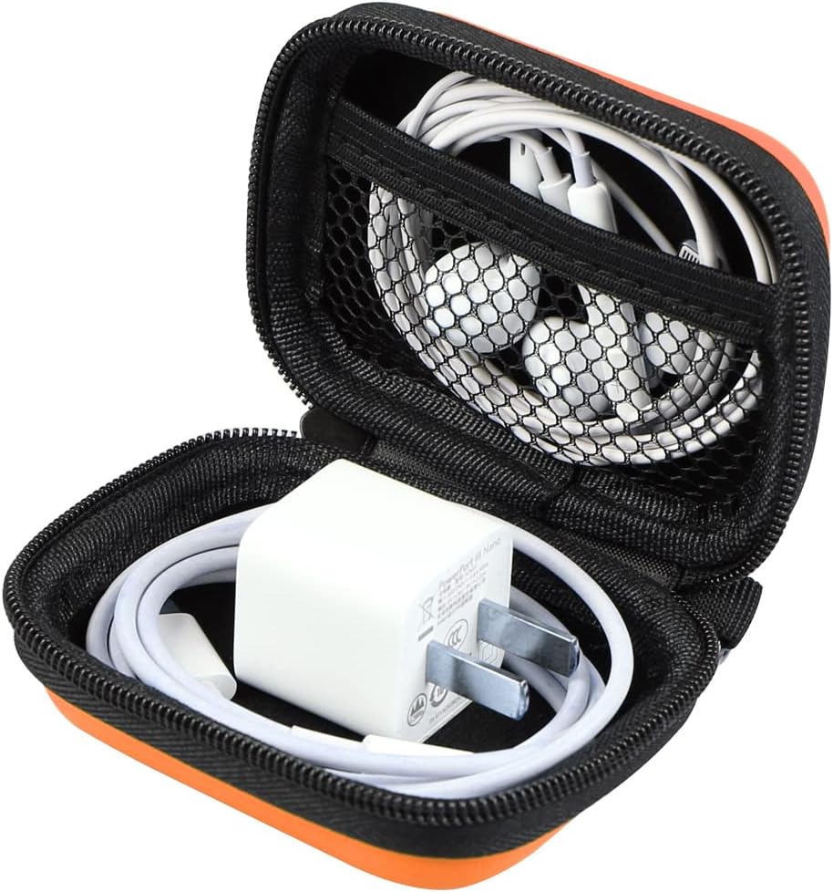 Earbud Case, RISETECH Hard EVA Earphone Travel Case Holder Headphone Small Zipper Pouch Compatible with Flash Drive, SD Cards, USB Charger Cable, AirPods, Sony Wired Earbuds with Keychain -Orange