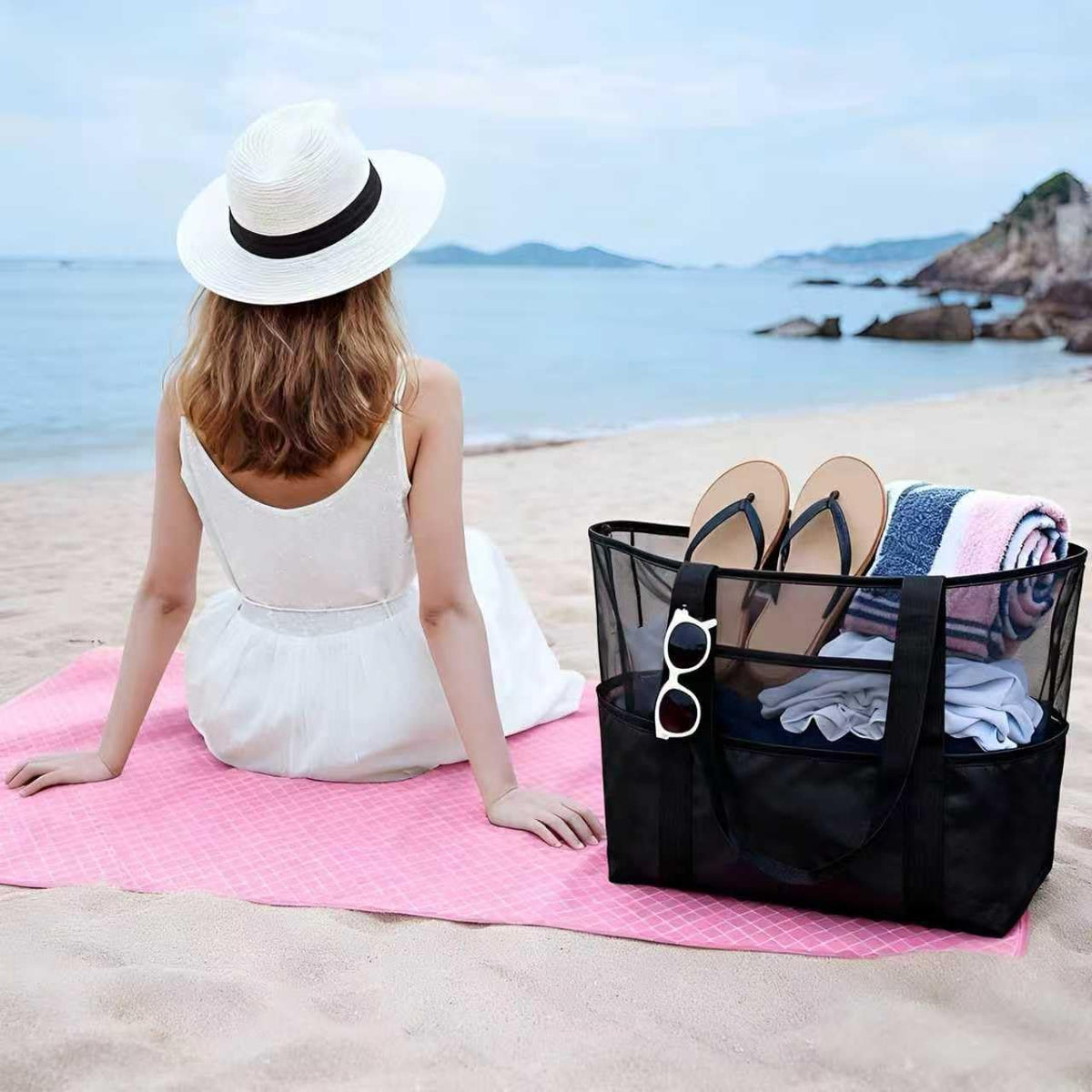 UBasic UBsic Mesh Beach Bag with Zipper Large Tote Foldable Mesh Travel Bag