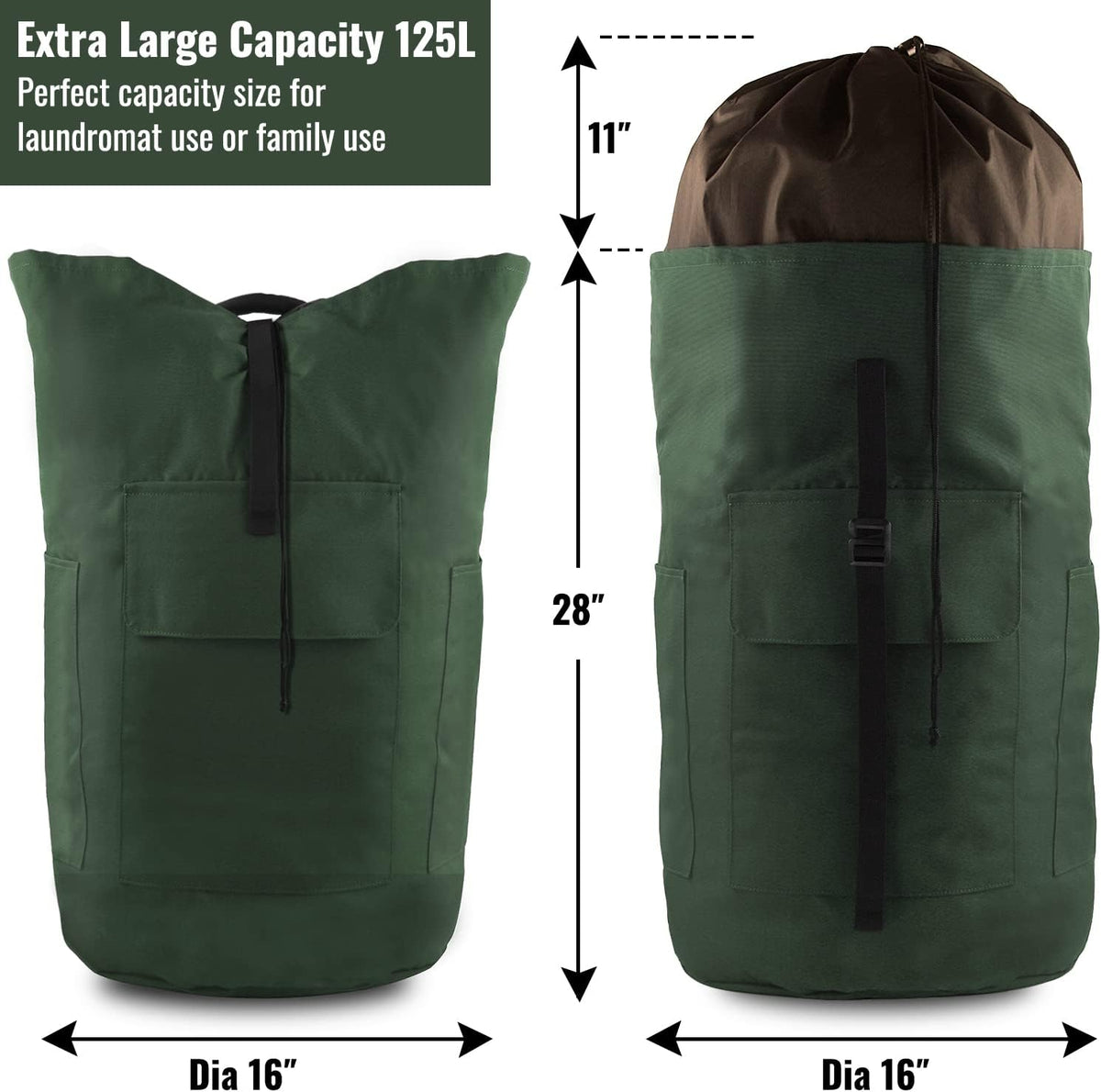Laundry Bag Backpack 125L Extra Large, Heavy Duty 900D Coated Oxford Fabric, 3 Pockets Durable Travel Laundry Bags with Soft Padded Shoulder Straps for College Dorm, Apartment, Laundromat (Army Green)