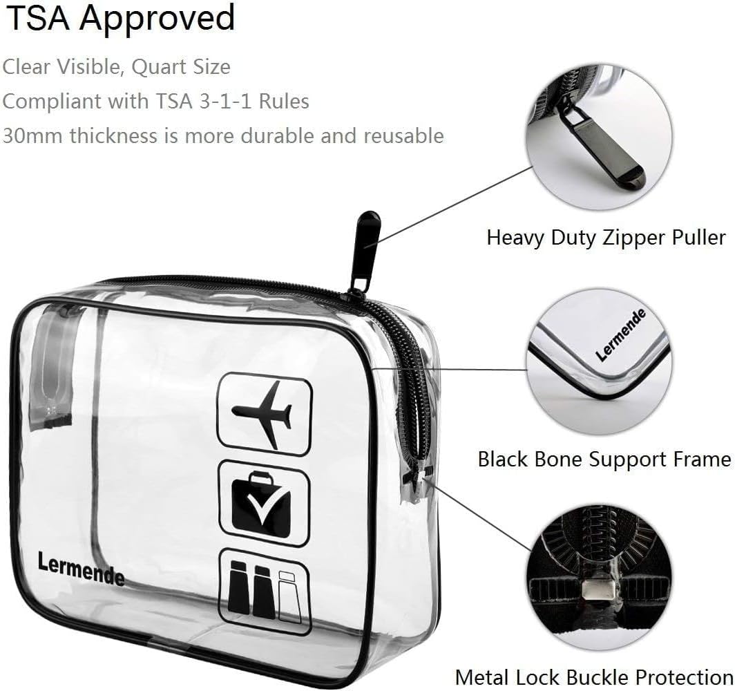 Lermende Clear Toiletry Bag TSA Approved Quart Size Travel Carry On - 5Pcs