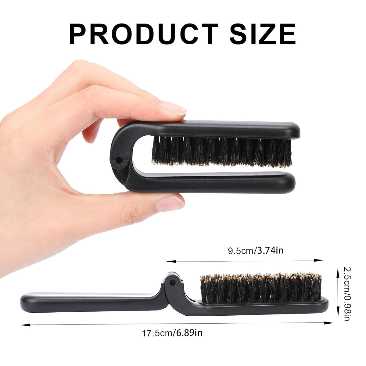 2 Pcs Travel Folding Boar Bristles Hair Brush, Collapsable Pocket Anti-Static Range Mini Beard and Hair Styling Tool for Women and Men (Black)