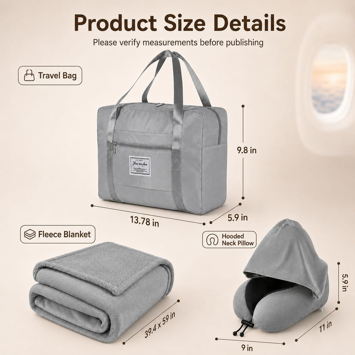 Travel Blanket and Pillow Set - Hooded Neck Pillow Airplane Essentials Grey