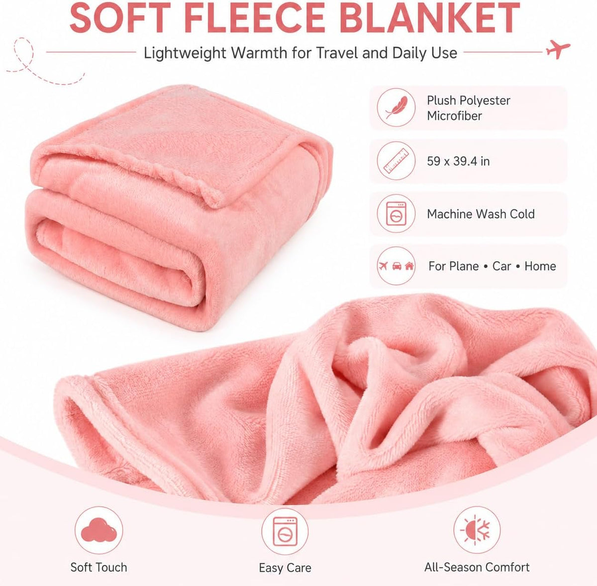 Travel Blanket and Pillow Set - Hooded Neck Pillow Airplane Essentials Pink
