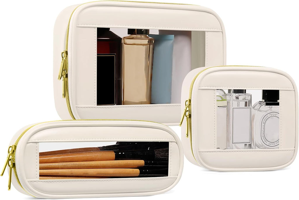 3-Piece Travel Clear Makeup Bag Set, Small Cosmetic Bag with Makeup Brush Case, Leather Waterproof TSA Approved Toiletry Bag with Zipper, Car Organization for Women (Beige-2, Mini+Slim+Medium)