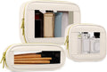 3-Piece Travel Clear Makeup Bag Set, Small Cosmetic Bag with Makeup Brush Case, Leather Waterproof TSA Approved Toiletry Bag with Zipper, Car Organization for Women (Beige-2, Mini+Slim+Medium)