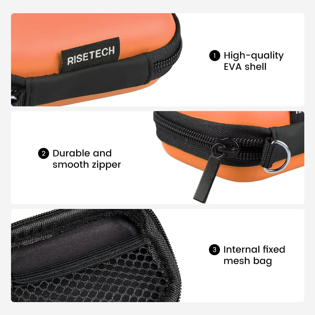 Earbud Case, RISETECH Hard EVA Earphone Travel Case Holder Headphone Small Zipper Pouch Compatible with Flash Drive, SD Cards, USB Charger Cable, AirPods, Sony Wired Earbuds with Keychain -Orange