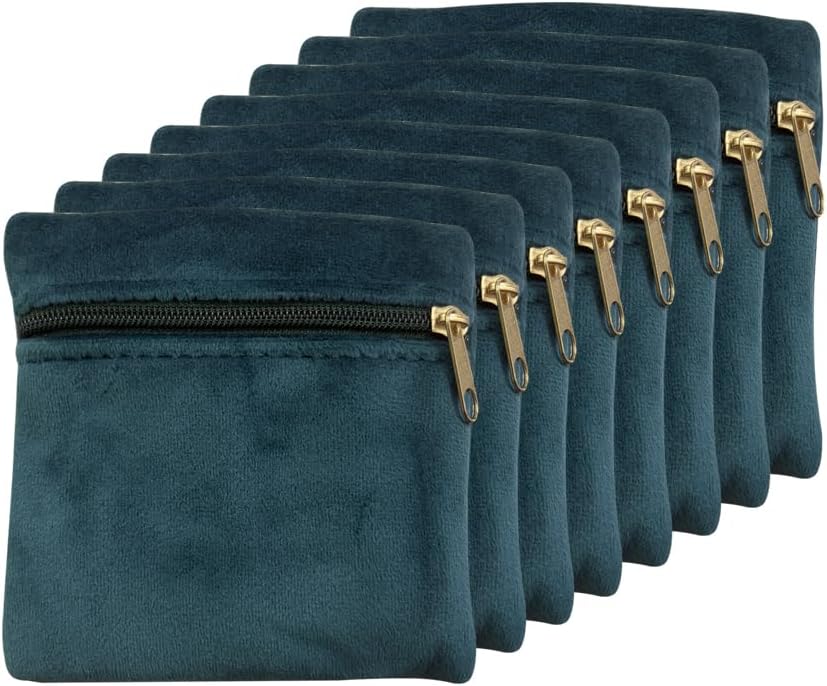 8pcs Small Velvet Jewelry Pouches with Zipper Gift Bags for Bracelet Necklace,Ring,Earrings,Earphone,Wedding Favors, Travel,3.94" X 3.94" (Peacock blue)
