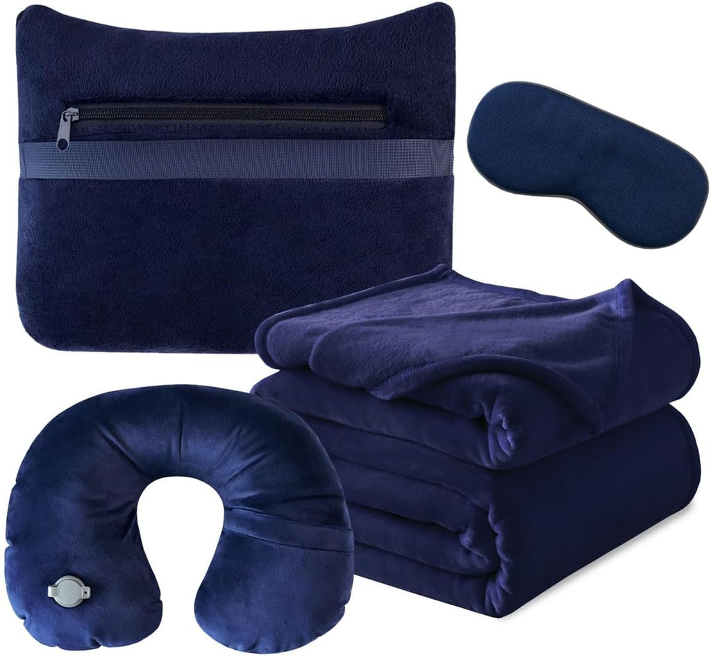 KAWAHOME Travel Blanket Airplane Compact Set with Neck Pillow, Eye Mask