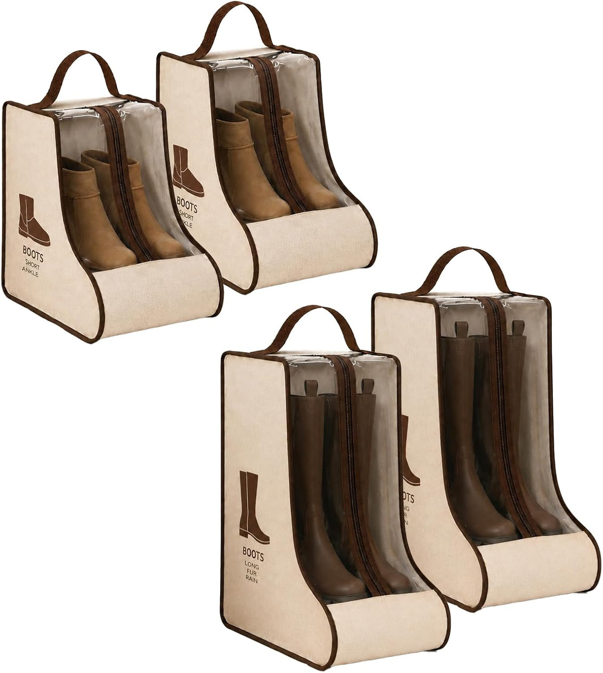 Tall Boot Storage Bag Organizer for Closet and Travel, Portable Dustproof Bags for Cowboy (4 Pcs Beige Short & Long Boot)